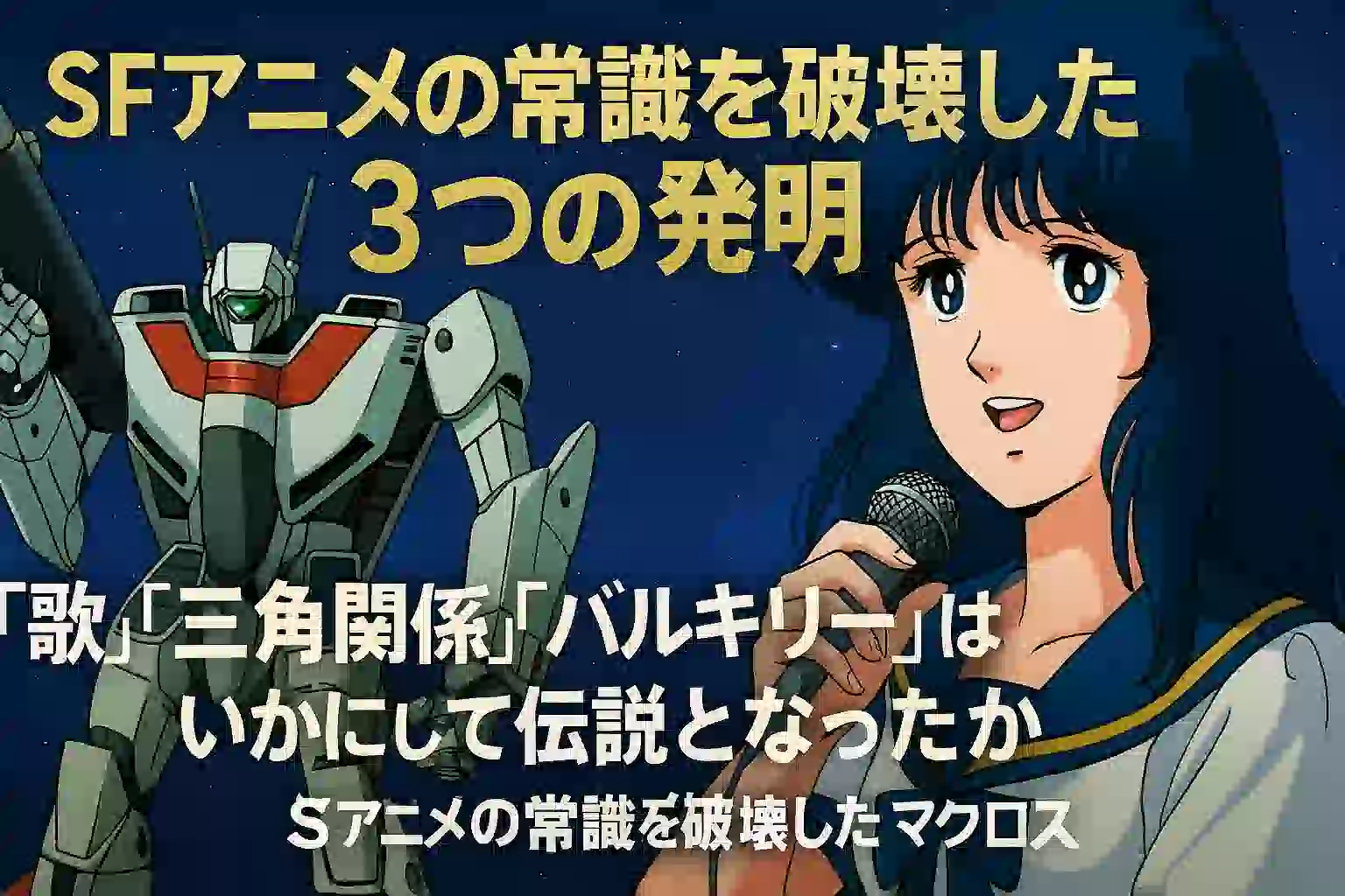 『超時空要塞マクロス』アイキャッチ画像。左にバトロイド形態のVF-1バルキリー、右にマイクを手に笑顔で歌うリン・ミンメイ。背景は星空で、「SFアニメの常識を破壊した3つの発明 『歌』『三角関係』『バルキリー』はいかにして伝説となったか」という大きな文字が中央に配置されている。