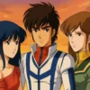 夕焼け空を背景に並ぶ『超時空要塞マクロス』の三人、一条輝を中央に、左にリン・ミンメイ、右に早瀬未沙が立ち、それぞれの表情に緊張と葛藤をにじませる三角関係を象徴的に描いたシーン