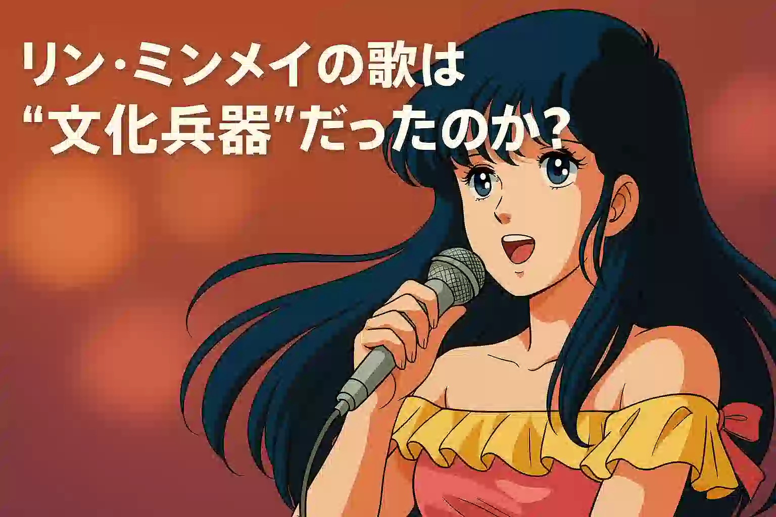 舞台上でマイクを手に歌うリン・ミンメイを描いたレトロアニメ風イラスト。背景はオレンジから赤のグラデーションで彩られ、画面上部には『リン・ミンメイの歌は“文化兵器”だったのか？』という日本語テキストが配置されている。