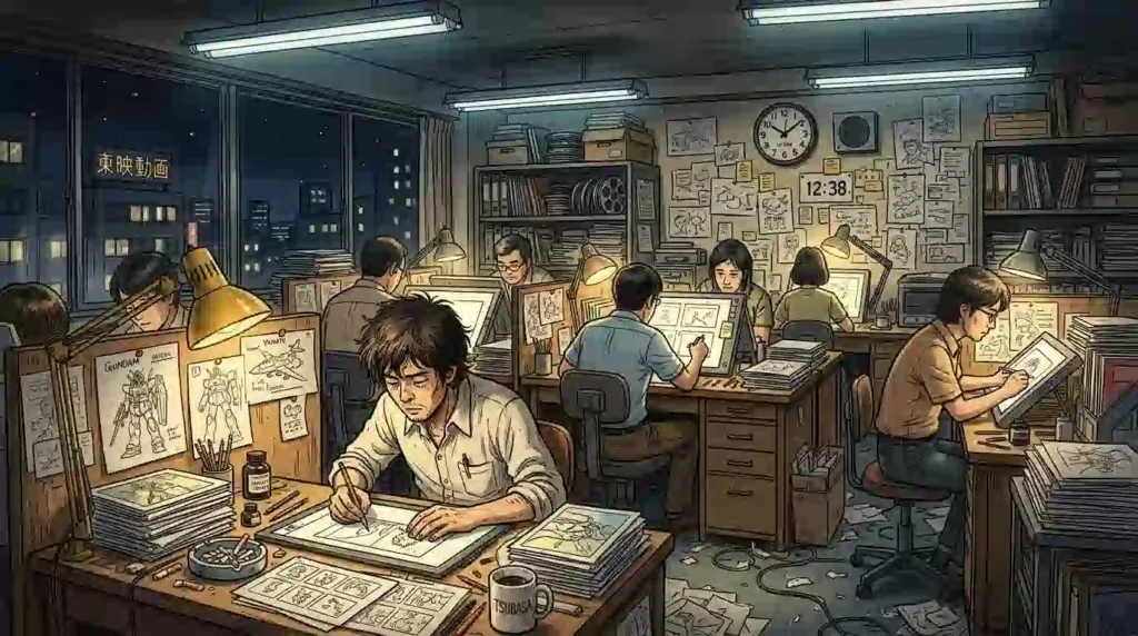 深夜の1970年代アニメスタジオ。机に向かい作業を続ける複数のアニメーター、山積みの原画とセル画、コーヒーカップ、壁の時計は深夜を指す。蛍光灯とデスクライトが照らす過酷な制作現場の熱気と献身を表現
