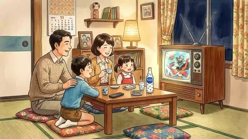 1974年の日本の家庭で家族がテレビアニメを見ている風景。昭和のレトロなブラウン管テレビ、畳の部屋、カルピスの瓶が置かれたちゃぶ台。日曜夜7時半、カルピスまんが劇場を家族で見ていた当時の温かな雰囲気を再現
