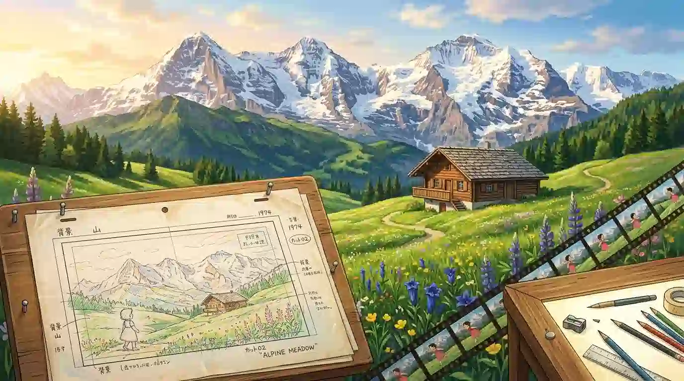アルプスの少女ハイジの舞台となったスイスアルプスの雄大な風景と、1974年当時のアニメ制作資料が融合したイメージ。雪山、草原、山小屋と共に、手描きのレイアウト用紙や制作デスクが重なり、名作誕生の舞台裏を象徴する