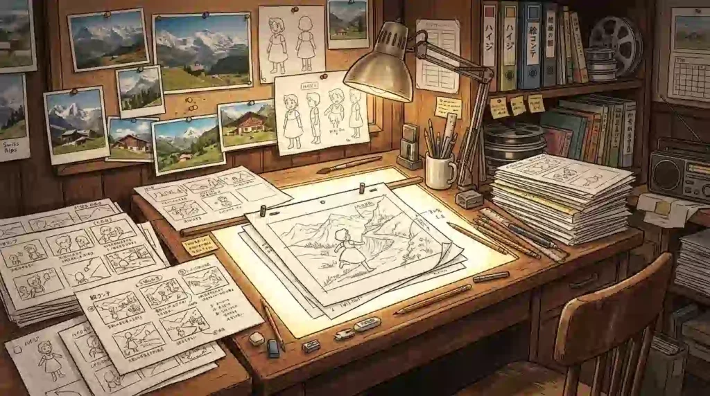 1970年代のアニメーターの作業デスク。ライトボックスの上に散らばる数百枚のレイアウト用紙、山の風景スケッチ、鉛筆と定規。壁にはスイスアルプスの参考写真。宮崎駿が1日50枚以上のレイアウトを描き続けた過酷な制作現場を表現
