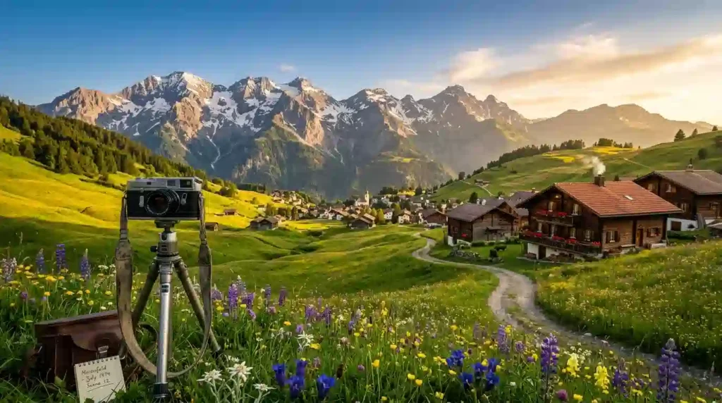 スイス・マイエンフェルト地方の黄昏時のアルプス風景。雪を頂いた山々、花咲く緑の牧草地、伝統的な木造の山小屋。手前に1970年代の三脚カメラが見え、制作スタッフがロケーションハンティングで訪れた当時の様子を表現